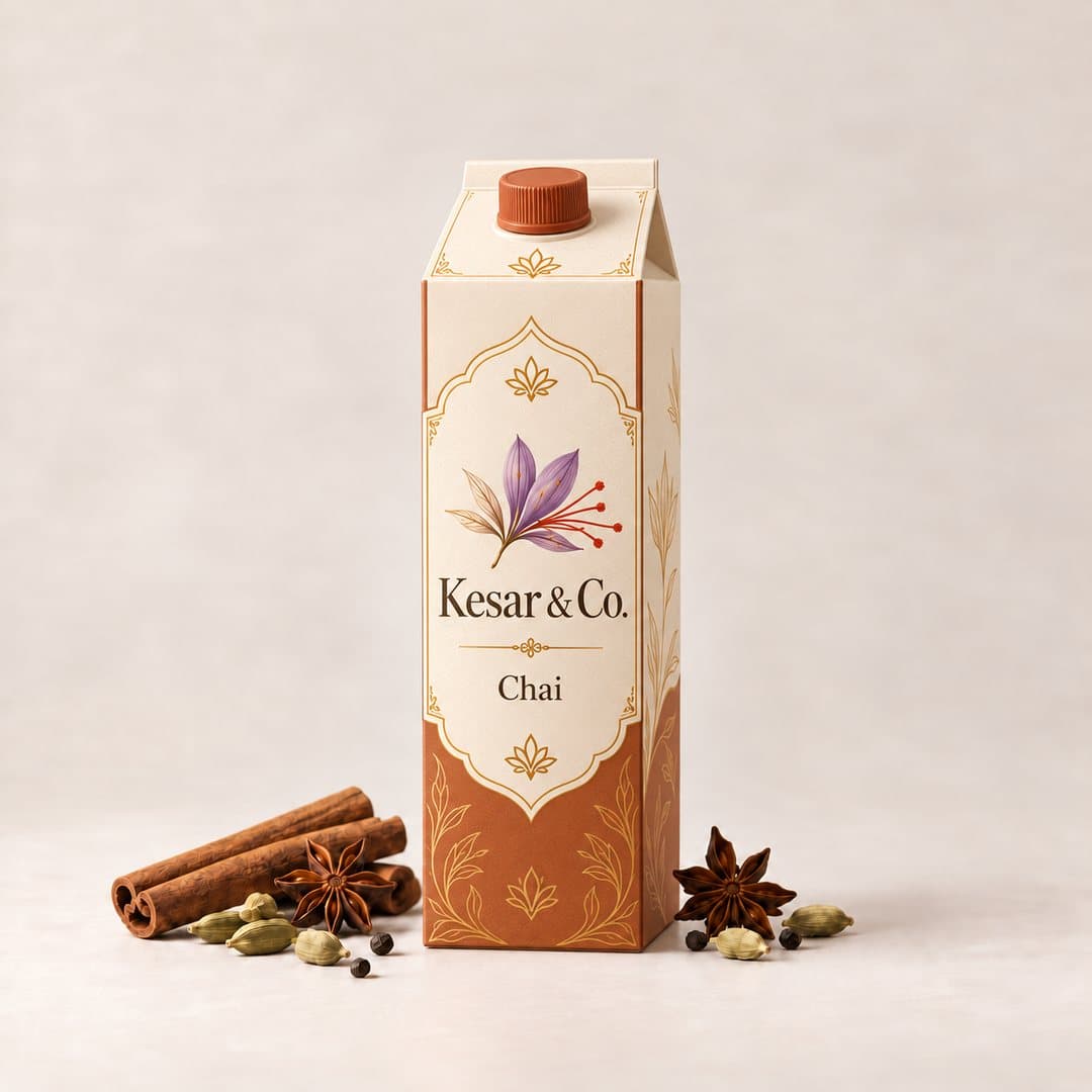 Good ad: a Kesar & Co. chai carton on a soft backdrop with whole spices